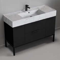 Modern Black Bathroom Vanity, 48 inch, Marble Style Sink, Free Standing